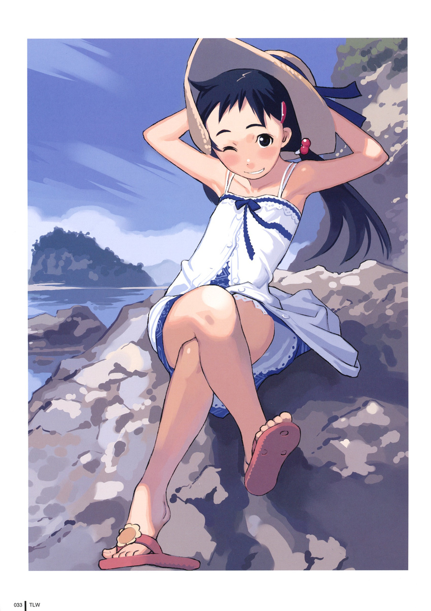 absurdres armpits black_hair child copyright_request crossed_legs day dress feet flat_chest hat highres ocean one_eye_closed rock sandals sitting solo straw_hat sundress takamichi twintails wind