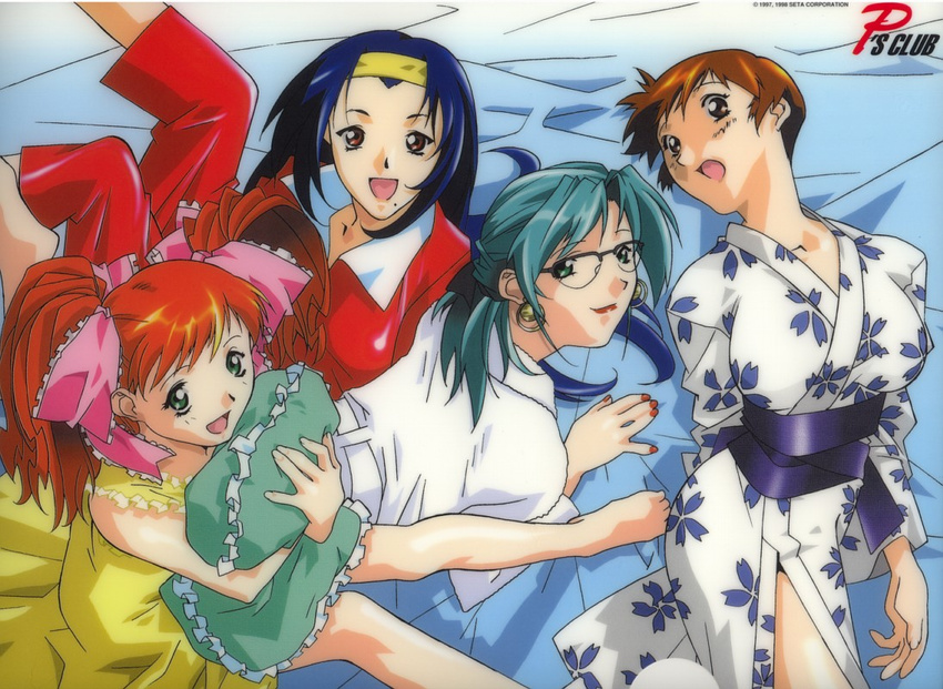 aqua_hair asahina_natsuki asahina_yurina blue_hair brown_eyes brown_hair earrings glasses green_eyes hairband japanese_clothes jewelry kimono lipstick long_hair lying makeup mole mole_under_mouth multiple_girls nail_polish on_back on_stomach open_mouth pajamas pillow randou_serika red_eyes red_hair red_nails short_hair sitting smile super_real_mahjong tanaka_ryou toyohara_etsuko twintails