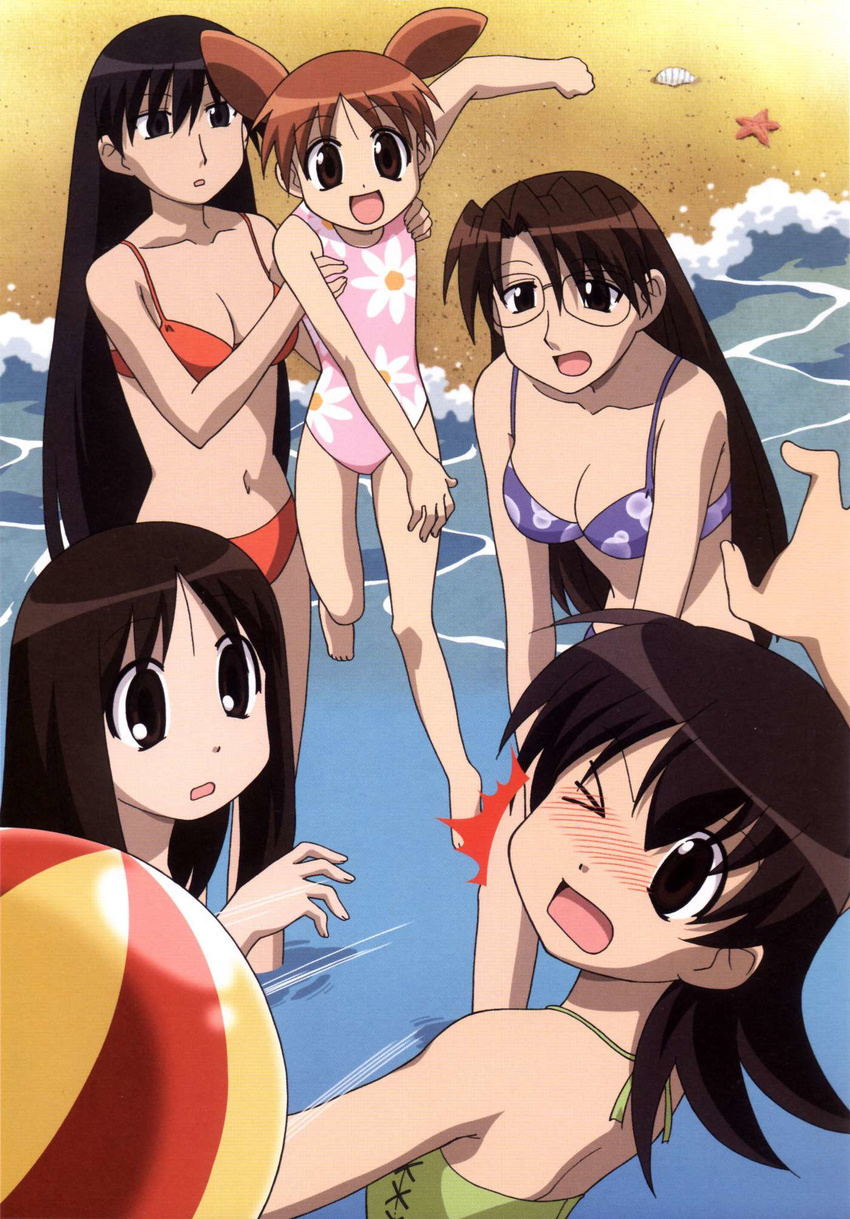 5girls :d :o ;o age_difference azumanga_daiou ball bangs barefoot beach beachball bikini black_eyes black_hair blue_bikini blush breasts brown_eyes brown_hair carrying casual_one-piece_swimsuit child cleavage clenched_hand day flat_chest flipped_hair floral_print glasses green_swimsuit happy highres kasuga_ayumu large_breasts long_hair medium_breasts mihama_chiyo mizuhara_koyomi multiple_girls navel nose_blush ocean official_art oguri_hiroko one-piece_swimsuit one_eye_closed open_mouth outdoors parted_bangs pink_swimsuit print_bikini print_swimsuit red_bikini rimless_eyewear sakaki scan seashell shell short_twintails small_breasts smile starfish surprised swimsuit takino_tomo twintails very_long_hair wading water