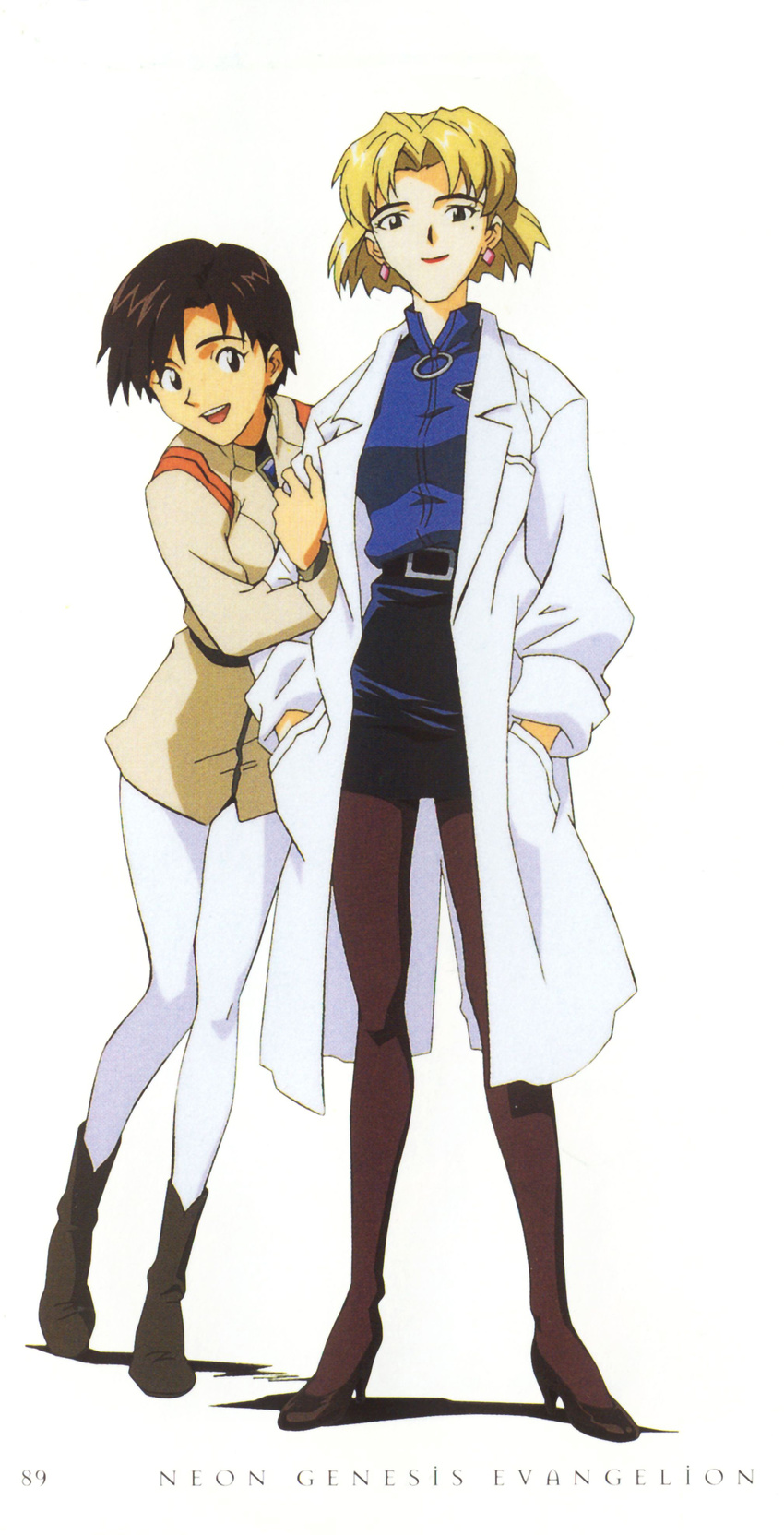 absurdres akagi_ritsuko androgynous artbook artist_request blonde_hair brown_hair earrings highres ibuki_maya jewelry labcoat mole mole_under_eye multiple_girls neon_genesis_evangelion official_art pantyhose pencil_skirt scan short_hair skirt uniform