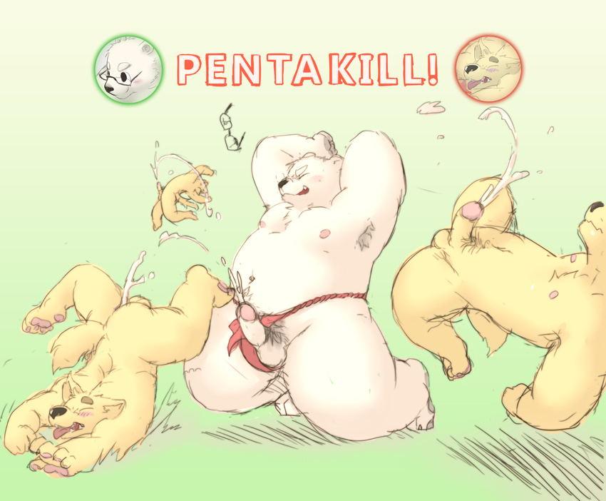 armpits balls bear black_nose blush chubby clothing cum cumshot english_text eyebrows eyeglasses fundoshi gay group humanoid_penis humor kemono male mammal navel nude orgasm penis polar_bear stevenlew teeth text tongue tongue_out underwear