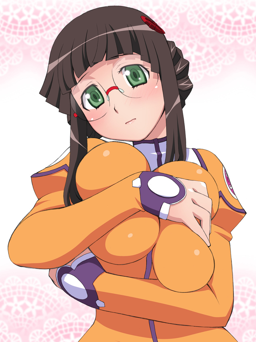 1girl blush breast_squeeze breasts brown_hair elf_k fujisawa_yayoi glasses green_eyes highres huge_breasts long_hair looking_at_viewer simple_background solo standing uchuu_no_stellvia