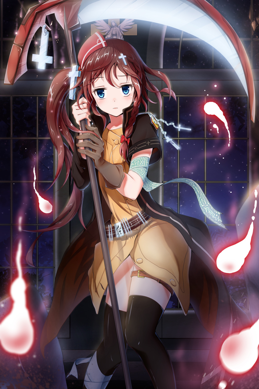 bad_id bad_pixiv_id bae.c bandaged_arm bandaged_leg bandages black_legwear blue_eyes blurry brown_hair cross_hair_ornament depth_of_field hair_ornament highres holding looking_at_viewer original scythe side_ponytail solo spirit thighhighs zettai_ryouiki