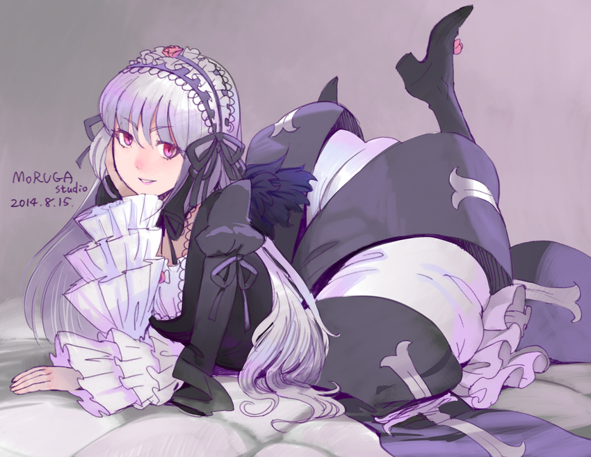 arm_support artist_name boots bow chin_rest dated dress frilled_sleeves frills gothic_lolita hairband high_heels highres lavender_hair lolita_fashion lolita_hairband long_hair looking_at_viewer lying moruga on_stomach pink_eyes rozen_maiden silver_hair smile solo suigintou