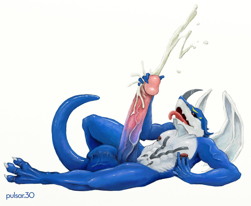 2007 cum digimon exveemon hyper hyper_penis male open_mouth penis plain_background pulsar solo tagme teeth tongue white_background