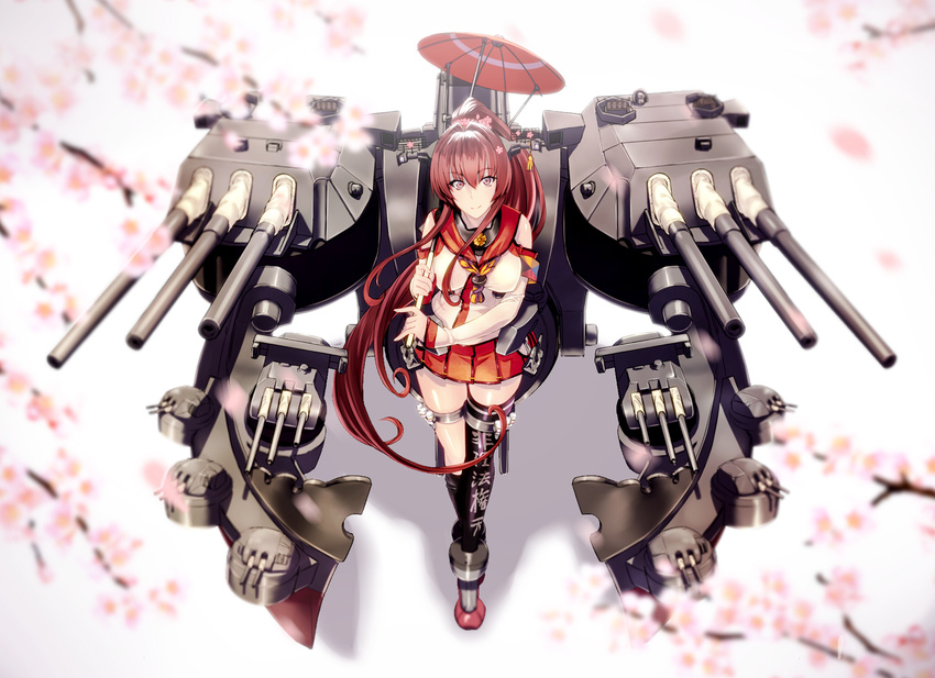 anchor armband asymmetrical_legwear bare_shoulders black_legwear brown_hair cherry_blossoms detached_sleeves flower from_above hair_flower hair_ornament headgear highres kantai_collection long_hair long_ponytail looking_at_viewer looking_up machinery oriental_umbrella over_shoulder pleated_skirt red_skirt red_umbrella sailor_collar skirt smile solo takamura_wamu turret umbrella very_long_hair yamato_(kantai_collection)