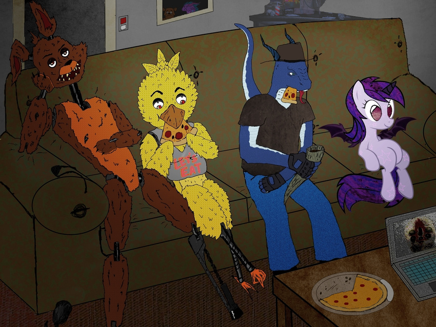 avian bird canine captain_zepto captainzepto chica_(fnaf) chicken dragon equine five_nights_at_freddy's food fox foxy_(fnaf) freddy_(fnaf) horse machine mammal mechanical pizza pony robot scalie scp_173 sofa species: spinifex