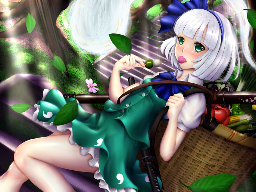 basket bell_pepper blue_hairband blush buttons corn dango eating food frilled_skirt frills grass green_eyes green_skirt green_vest hair_ribbon hairband highres hitodama katana konpaku_youmu leaf outdoors pepper puffy_short_sleeves puffy_sleeves redoredo_(godprogress) ribbon short_hair short_sleeves silver_hair skirt solo stairs sword tomato touhou tree vest wagashi wakizashi weapon