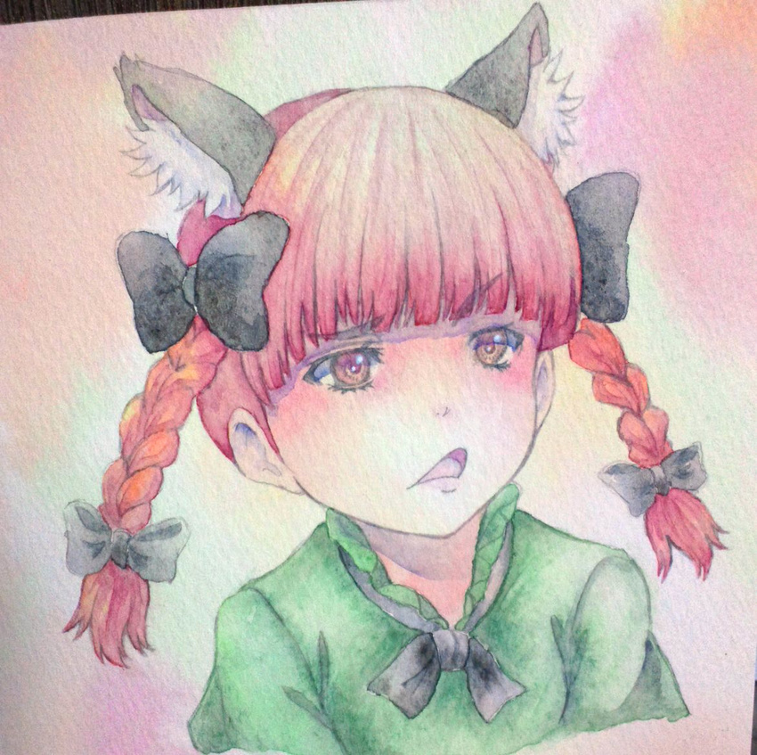 animal_ears bow bowtie braid brown_eyes cat_ears d: disgust dress extra_ears eyelashes kaenbyou_rin looking_away open_mouth pink_background red_hair solo touhou traditional_media twin_braids upper_body watercolor_(medium) yuyu_(00365676)