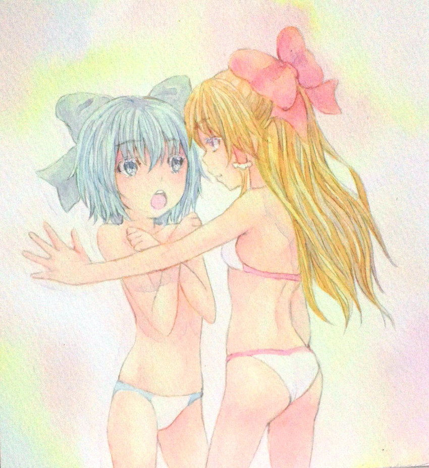 alternate_costume ass back bikini blue_eyes blue_hair bow brown_eyes brown_hair chestnut_mouth cirno collarbone covering covering_breasts cowboy_shot crossed_arms distress glaring hair_bow hair_tubes hakurei_reimu highres long_hair looking_at_another looking_at_viewer multiple_girls open_mouth pink_background pinned short_hair shoulder_blades surprised swimsuit topless touhou traditional_media watercolor_(medium) white_bikini yuyu_(00365676)