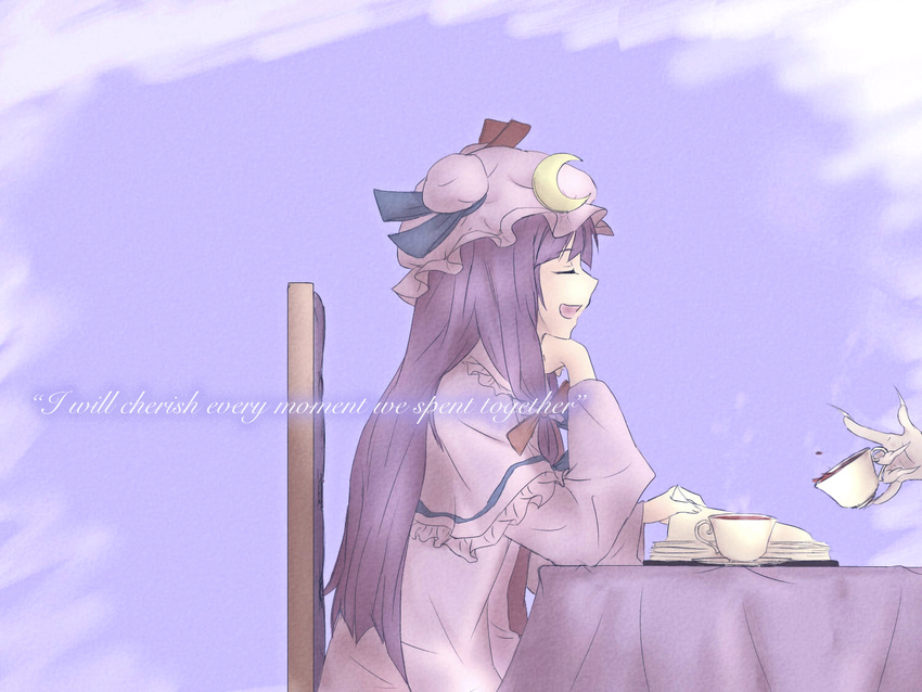 book chair closed_eyes crescent cup english fingernails hair_ribbon hat hot_drink long_fingernails long_hair long_sleeves mob_cap multiple_girls open_book open_mouth patchouli_knowledge purple_background purple_hair remilia_scarlet ribbon sharp_fingernails sitting smile spilling table tea teacup touhou worthlessvalor