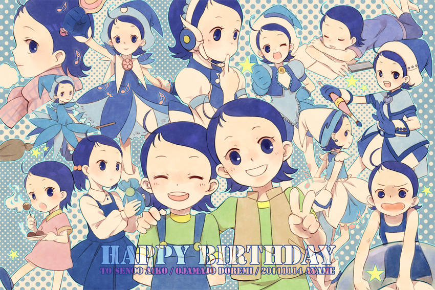 ayame_(artist) blue_dress blue_eyes blue_hair blush broom broom_riding closed_eyes dress gloves headset multiple_persona musical_note ojamajo_doremi one-piece_swimsuit one_eye_closed pinafore_dress scarf school_swimsuit senoo_aiko short_hair smile swimsuit thumbs_up v younger