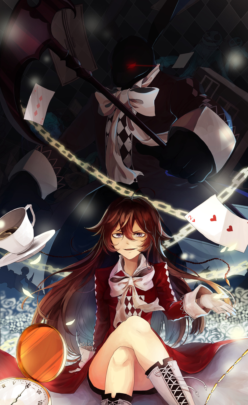 alice_(pandora_hearts) argyle argyle_background b-rabbit bad_id bad_pixiv_id boots bow braid brown_hair bunny chain_(pandora_hearts) clock crossed_legs cup flower gloves highres long_hair open_mouth pandora_hearts purple_eyes rose sitting smile teacup weapon