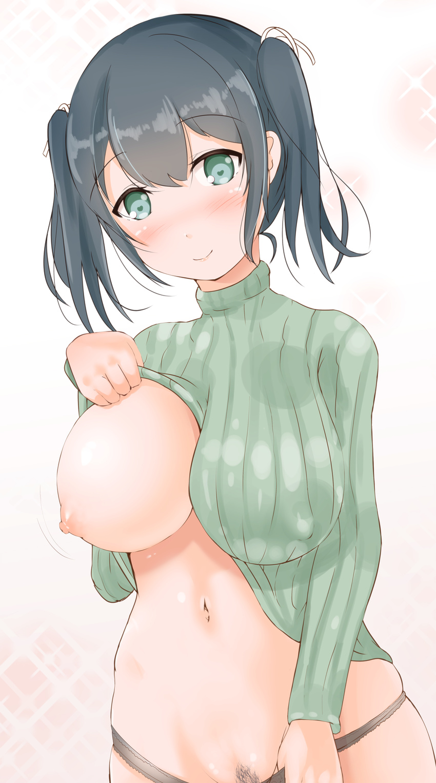absurdres arykei black_hair blush breasts green_eyes heart heart-shaped_pupils highres kantai_collection large_breasts looking_at_viewer navel nipples panties pubic_hair ribbed_sweater smile solo souryuu_(kantai_collection) sweater symbol-shaped_pupils turtleneck twintails underwear