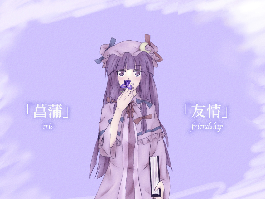 book capelet covering_mouth crescent english flower hair_ribbon hat holding holding_book iris_(flower) long_hair mob_cap pajamas patchouli_knowledge purple_background purple_eyes purple_hair ribbon solo touhou worthlessvalor