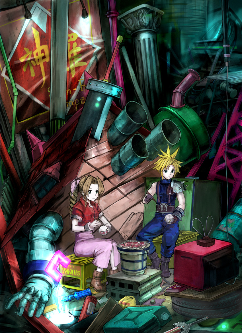 1girl aerith_gainsborough beer_crate blonde_hair bowl brown_hair buster_sword cinder_block cloud_strife dress eating final_fantasy final_fantasy_vii food gas_can grill grilling highres jerry_can junjun_(miniminitomato) long_dress long_hair pink_dress ponytail rice rice_bowl save_point shichirin sitting sword television watching_television weapon