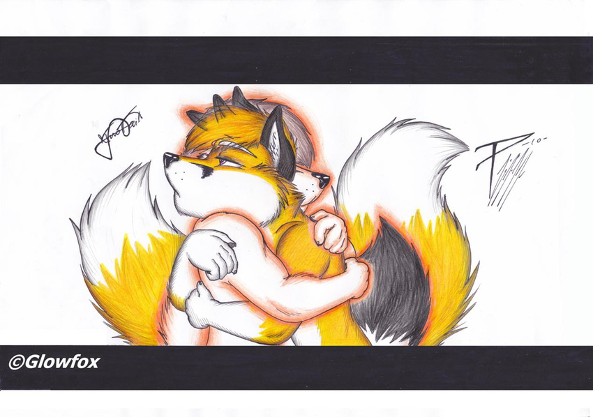 anthro canine cuddling felipefox glowfox glowing hug invalid_color male mammal plain_background two_tailed