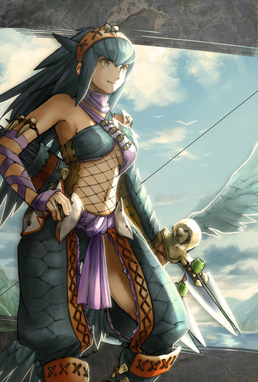 1girl arrow black_hair bow_(weapon) capcom chickenb female fishnets hairband hand_on_hip long_hair monster_hunter nargacuga_(armor) quiver shoulders smile solo weapon yellow_eyes