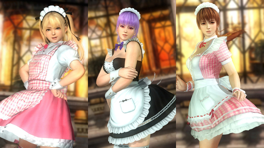 3d 3girls ayane ayane_(doa) blonde_hair blue_eyes breasts dead_or_alive dead_or_alive_5 female kasumi kasumi_(doa) large_breasts maid maid_headdress marie_rose multiple_girls official_art purple_hair ribbon siblings sisters