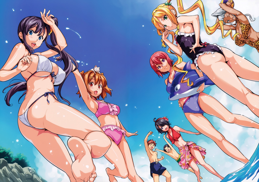 6+girls absurdres akaza_chacha amaya_haruko ass ball barefoot beachball bikini black_hair black_swimsuit blonde_hair blue_eyes blush breasts brown_eyes brown_hair cat closed_eyes day feet flower green_eyes hair_flower hair_ornament hair_over_one_eye highres himegami_kodama huge_filesize kushiya_inaho large_breasts long_hair looking_at_viewer maken-ki! multiple_boys multiple_girls ocean one-piece_swimsuit one_eye_closed ooyama_takeru open_mouth orange_hair pink_bikini ponytail purple_bikini purple_eyes purple_hair red_hair satou_kimi shinatsu_azuki short_hair side_ponytail silver_hair sky smile soles swimsuit takeda_hiromitsu toes twintails usui_kengo water white_bikini