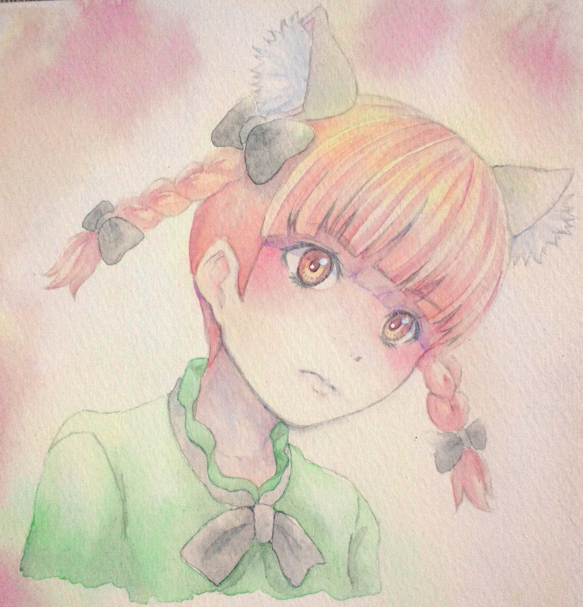 animal_ears bow bowtie braid cat_ears dress expressionless extra_ears eyelashes head_tilt highres kaenbyou_rin looking_away pink_background solo touhou traditional_media twin_braids upper_body watercolor_(medium) yuyu_(00365676)