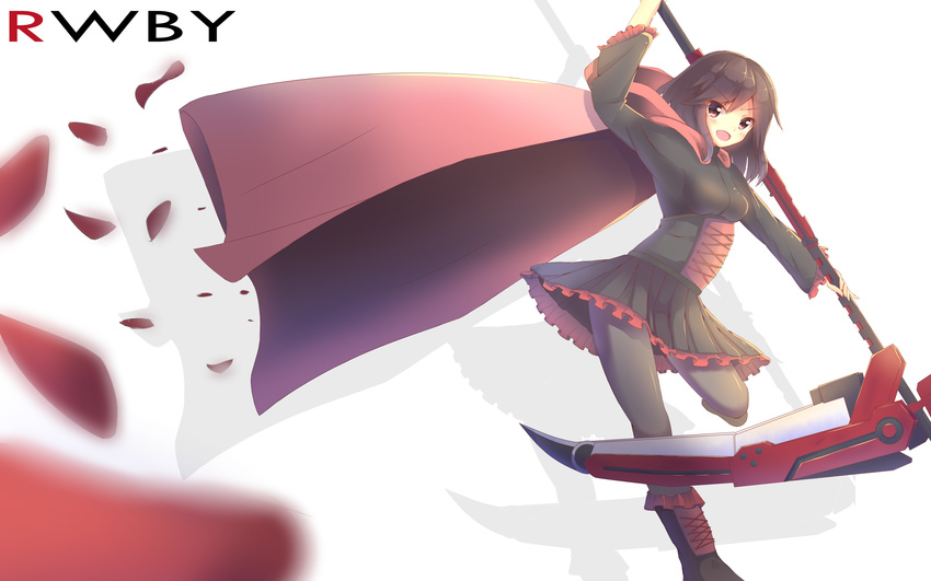 :d absurdres blurry brown_hair cape copyright_name depth_of_field highres holding hood looking_at_viewer mizuki_ryuu open_mouth pantyhose pleated_skirt red_eyes ruby_rose rwby scythe short_hair skirt smile solo v-shaped_eyebrows
