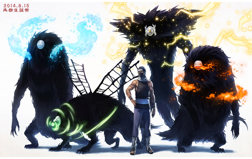 1boy absurdres claws dark_skin electricity fire highres kakuzu mask monster naruto naruto_shippuuden o_nigi_ri sandals stitches water white_background wind wings