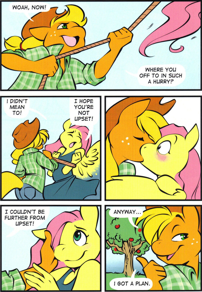 333456 anthro anthrofied apple apple_tree applejack_(mlp) blonde_hair blush english_text equine eyes_closed female fluttershy_(mlp) freckles friendship_is_magic fruit hair holding_face horse kissing lesbian looking_back mammal my_little_pony orange_body pony rope smile text tree wide_eyed yellow_body