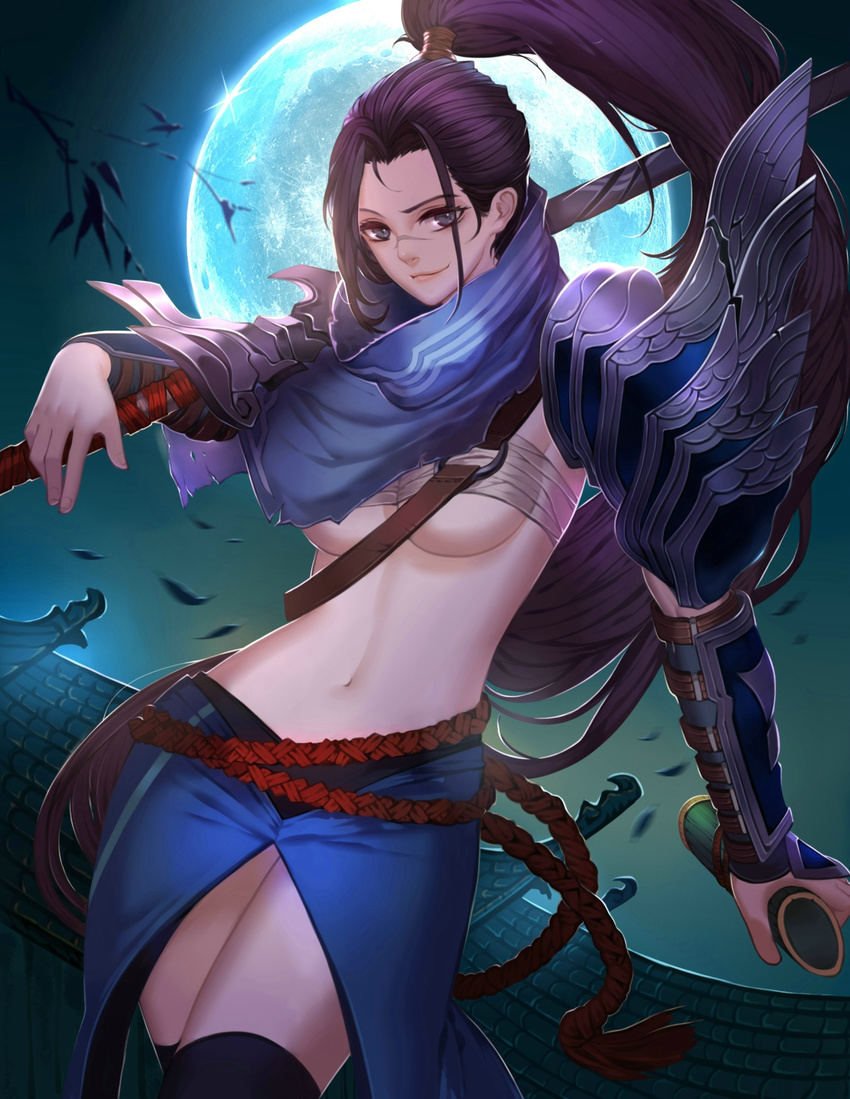 black_hair black_legwear breasts citemer commentary_request crossed_legs full_moon genderswap genderswap_(mtf) grey_eyes hair_intakes high_ponytail highres katana large_breasts league_of_legends long_hair looking_at_viewer moon navel night night_sky sarashi shoulder_armor showgirl_skirt sky solo spaulders standing sword thighhighs underboob vambraces very_long_hair weapon yasuo_(league_of_legends)