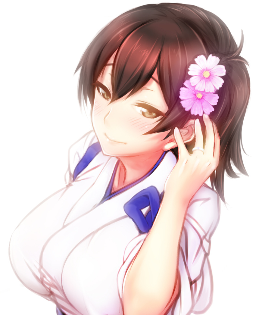 blush breasts brown_eyes brown_hair flower hair_flower hair_ornament highres japanese_clothes jewelry kaga_(kantai_collection) kantai_collection large_breasts ring short_hair side_ponytail smile solo tasuki upper_body wantsupanchi!! wedding_band white_background