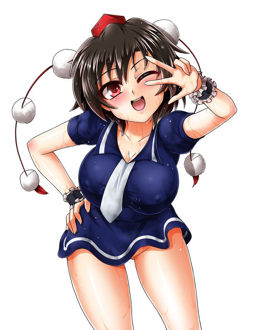 blush breasts covered_nipples dress hat highres large_breasts looking_at_viewer microdress no_panties one_eye_closed open_mouth pom_pom_(clothes) red_eyes shameimaru_aya smile solo tokin_hat touhou yazuki_gennojou