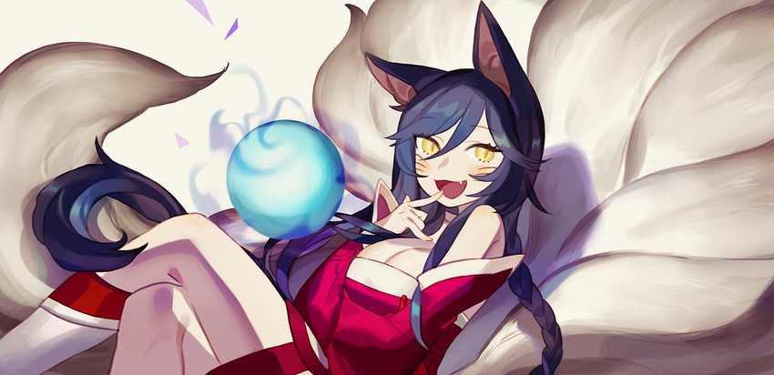 ahri animal_ears bare_shoulders black_hair blush breasts cleavage crossed_legs detached_sleeves fang finger_to_mouth fox_ears fox_tail gwayo korean_clothes large_breasts league_of_legends long_hair looking_at_viewer multiple_tails open_mouth solo sphere tail whisker_markings yellow_eyes