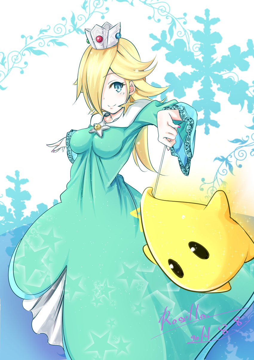 1girl blonde_hair blue_eyes blush chiko_(mario) crown hair_over_one_eye highres luma mario_(series) nail_polish nintendo rosalina_(mario) rosetta_(mario) smile star stars super_mario_bros. super_mario_galaxy wand