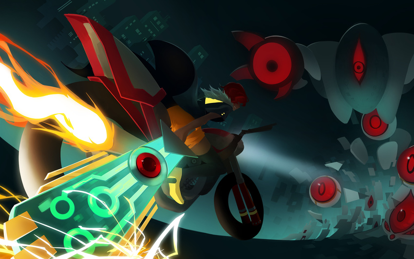 emi-tan ground_vehicle highres huge_weapon motor_vehicle motorcycle red_(transistor) red_hair riding short_hair solo sword the_transistor transistor_(game) weapon