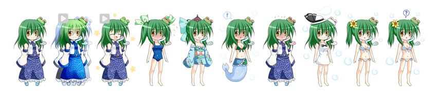 &gt;_&lt; 1girl ? ^_^ afterimage alternate_hairstyle bare_shoulders blue_swimsuit breasts cleavage closed_eyes cosplay detached_sleeves dress embarrassed expressionless frog_hair_ornament full_body hair_ornament hair_ribbon highres japanese_clothes karakasa_obake kimono kochiya_sanae konpaku_youmu_(ghost) lineup long_hair long_image medium_breasts mermaid monster_girl multiple_views navel off_shoulder one-piece_swimsuit open_mouth osashin_(osada) ponytail ribbon sarong skirt smile smirk snake_hair_ornament spoken_exclamation_mark spoken_question_mark swimsuit tongue tongue_out touhou transparent_background twintails umbrella variations wakasagihime wakasagihime_(cosplay) white_dress wide_image yellow_eyes yukata