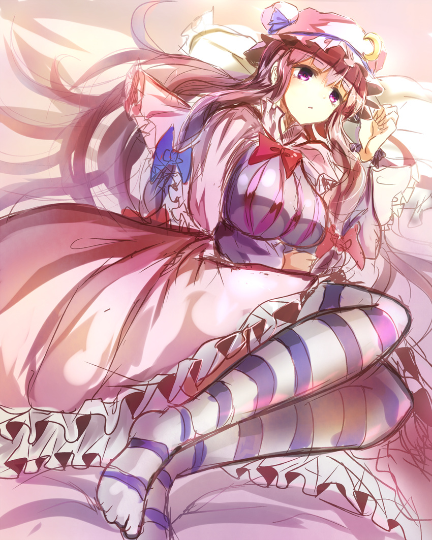 bad_id bad_pixiv_id breasts coat crescent dress hair_ribbon hat highres hizagawa_rau large_breasts long_hair lying on_side open_clothes open_coat patchouli_knowledge pink_eyes pink_hair ribbon sketch solo striped striped_dress striped_legwear thighhighs touhou tress_ribbon very_long_hair