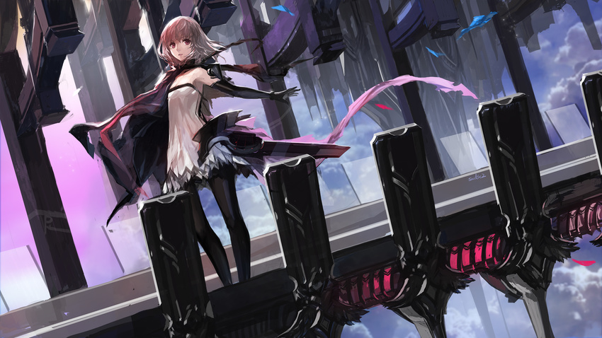 bad_id bad_pixiv_id black_gloves capelet elbow_gloves gloves highres looking_at_viewer paradise parted_lips pixiv_fantasia pixiv_fantasia_fallen_kings red_eyes short_hair silver_hair smile solo swd3e2 wind