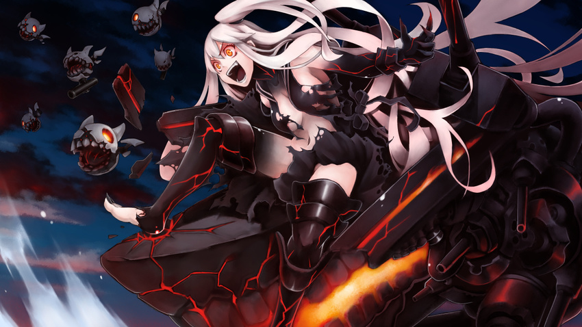 aircraft_carrier_hime boots crazy_eyes gauntlets kantai_collection long_hair machinery navel night night_sky no_bra one_side_up open_mouth orange_eyes pale_skin pectong shinkaisei-kan sky thigh_boots thighhighs torn_clothes white_hair