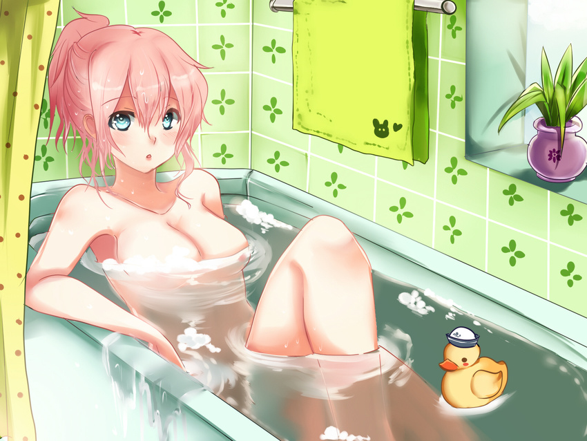 bath bathtub blue_eyes blush breasts cleavage dixie_cup_hat hat highres large_breasts military_hat nude original pink_hair ponytail rubber_duck ryuu_(kichikutie23) solo towel water