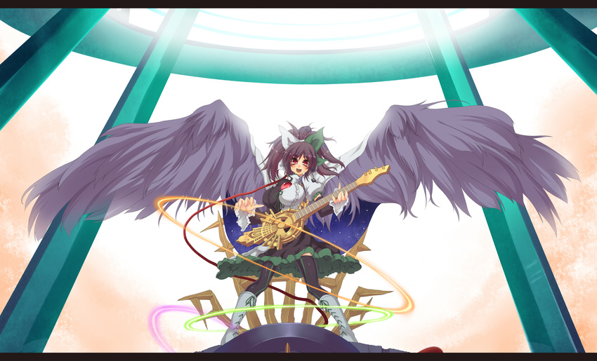 arm_warmers bird_wings black_hair black_legwear boots bow breasts cape cross-laced_footwear electric_guitar guitar hair_bow highres instrument large_breasts letterboxed md5_mismatch open_mouth puffy_short_sleeves puffy_sleeves red_eyes reiuji_utsuho roshin_yuukai_(vocaloid) shirt short_sleeves skirt smile solo space suikamaru thighhighs third_eye touhou vocaloid wings zettai_ryouiki