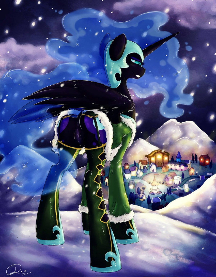 black_body black_fur clitoris clothing cutie_mark dimwitdog equine female feral friendship_is_magic fur hair holidays horn horse mammal my_little_pony night_time nightmare_moon_(mlp) outside partially_clothed pony ponyville princess_luna_(mlp) pussy snow village winged_unicorn wings