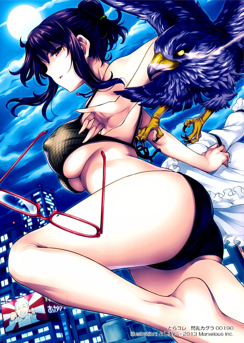 ass bare_legs barefoot bird black_bra blue_hair bra breasts bursting_breasts cityscape covered_nipples eyewear_removed falcon full_moon glasses hair_bun highres large_breasts moon night night_sky red_eyes senran_kagura shirt_removed sidelocks sky suzune_(senran_kagura) underboob underwear underwear_only yoshiron