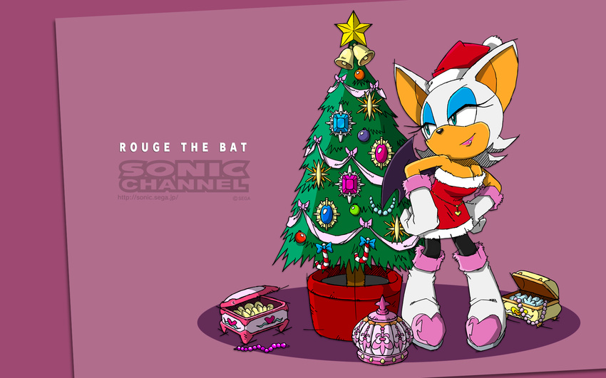 bat christmas christmas_outfit christmas_tree cleavage clothed clothing english_text eyeshadow female gloves hat holidays lips makeup mammal rouge_the_bat santa_hat santa_outfit sega solo sonic_(series) text tree wallpaper