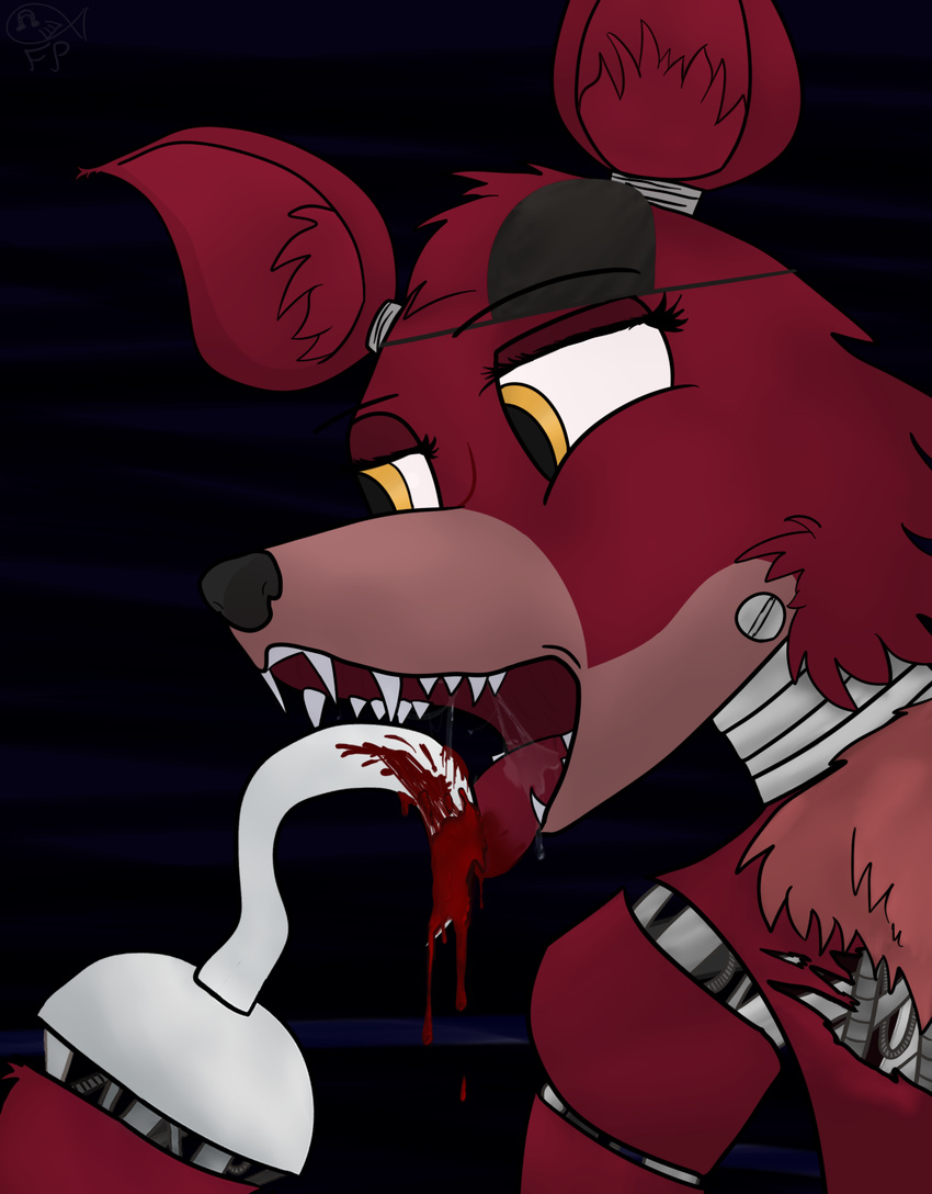 2014 abstract_background absurd_res animatronic blood canine crossgender ear_tuft eyelashes fangs female fishy-pony five_nights_at_freddy's fox foxy_(fnaf) fur hi_res hook human ketchup licking machine mammal mechanical open_mouth robot saliva saliva_string screw solo tongue tongue_out tuft