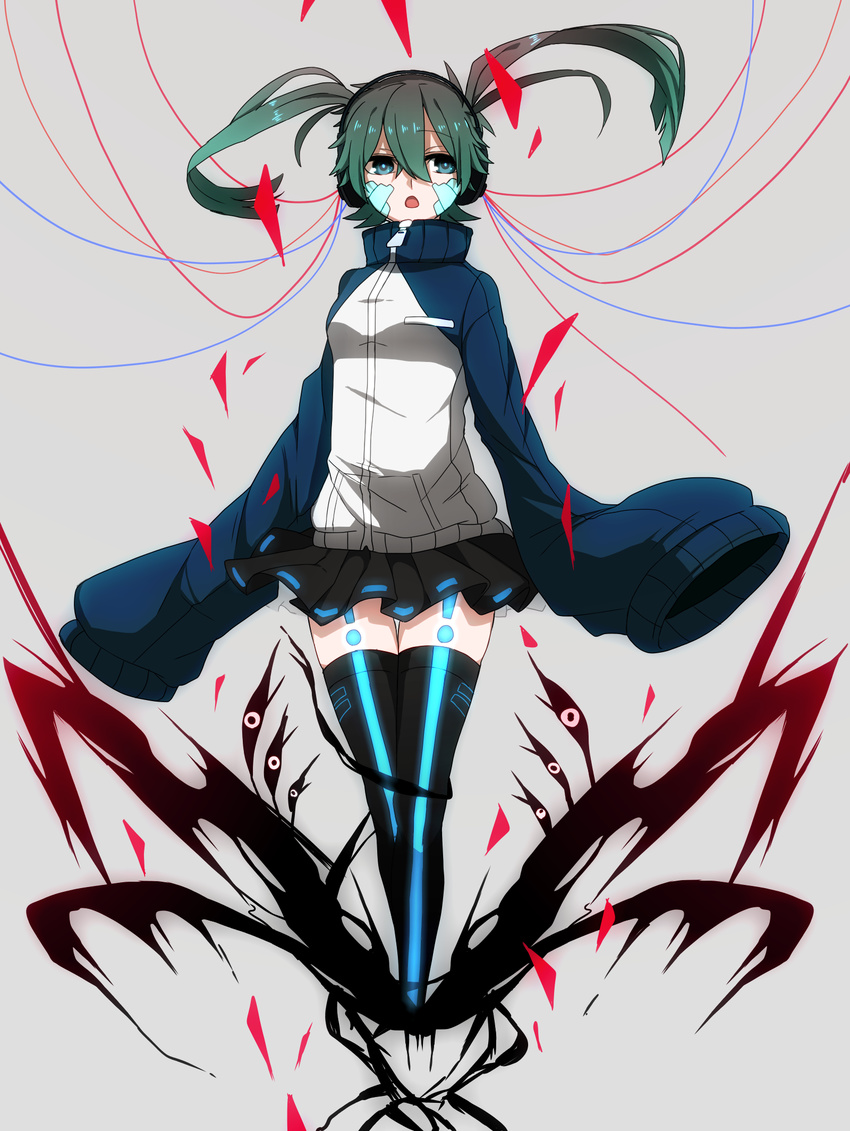 bad_id bad_pixiv_id blue_eyes eiku ene_(kagerou_project) green_hair headphones highres kagerou_project long_hair oversized_clothes skirt sleeves_past_fingers sleeves_past_wrists solo twintails