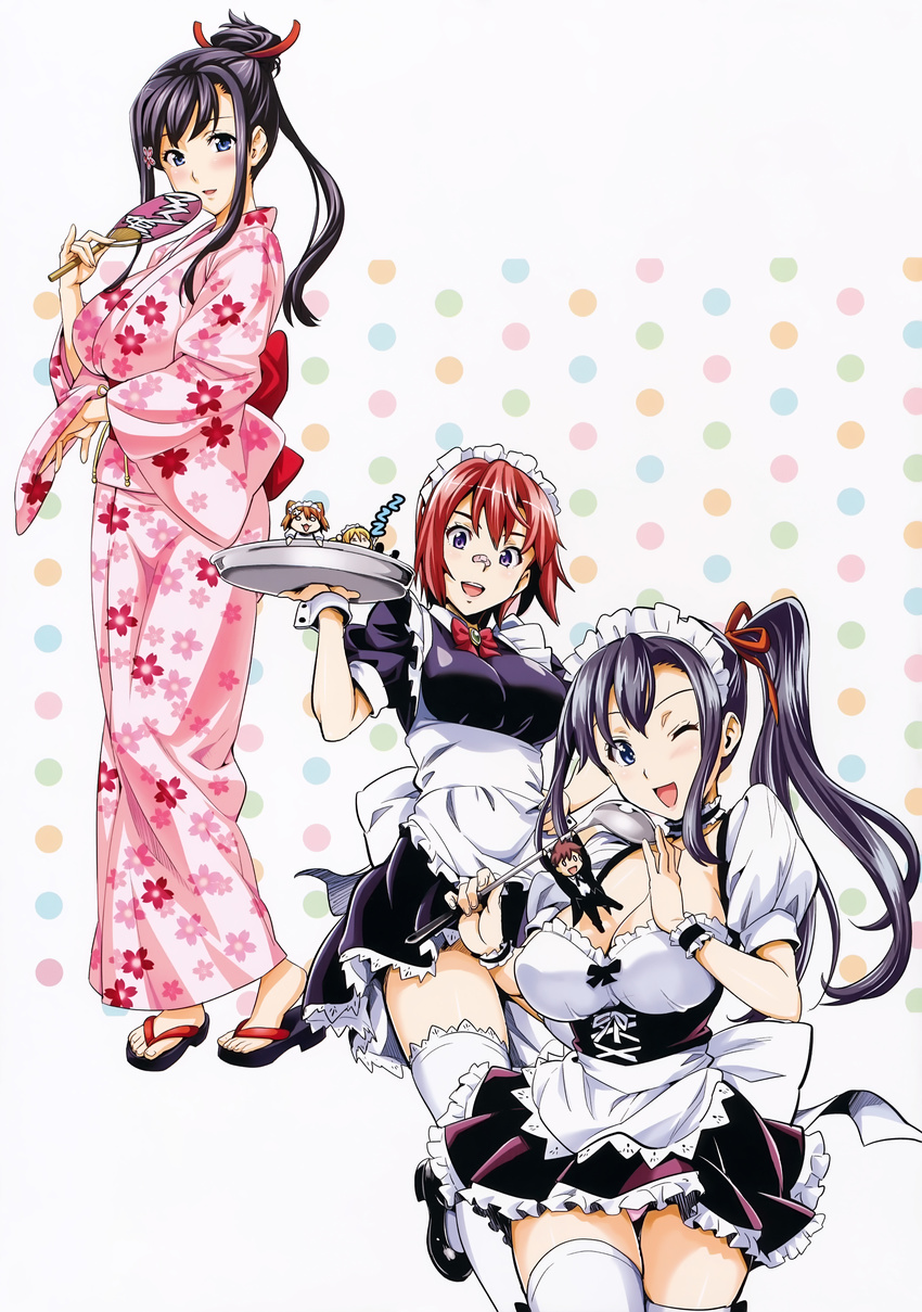 3girls absurdres amaya_haruko breasts cleavage highres japanese_clothes kimono large_breasts maid maken-ki! multiple_girls official_art panties shinatsu_azuki takeda_hiromitsu thighhighs underwear wrist_cuffs