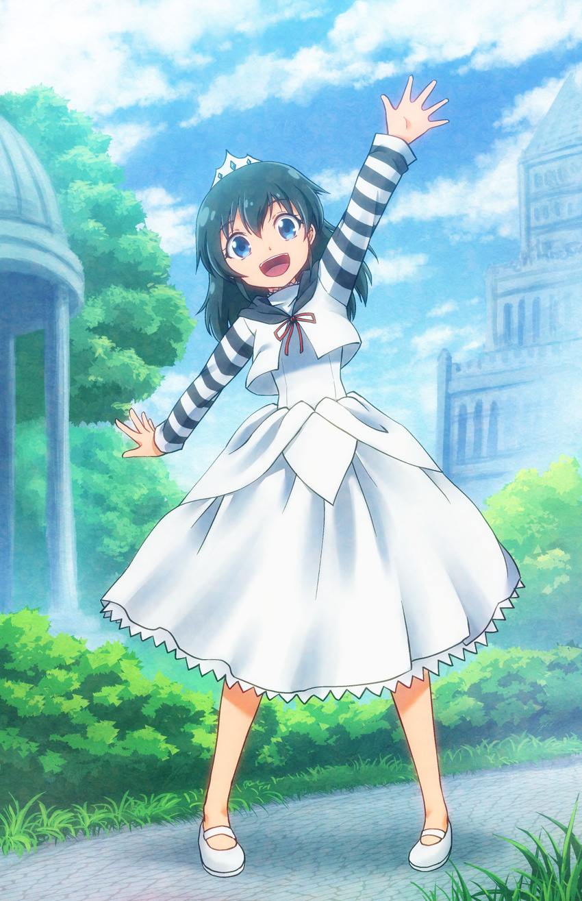 :d black_hair blue_eyes building cloud day dress full_body gazebo grass highres long_hair looking_at_viewer mary_janes nicca_(kid_nicca) no_socks open_mouth original outdoors outstretched_arms shoes sky smile solo spread_arms standing striped_sleeves tiara tree waving white_dress white_footwear