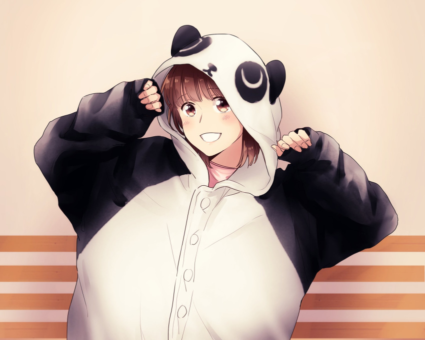 1girl animal_costume bangs brown_eyes brown_hair cosplay grin highres hood hood_up inami_anju kigurumi kougi_hiroshi long_sleeves looking_at_viewer medium_hair panda_costume panda_hood paw_pose photo-referenced real_life seiyuu sleeves_past_wrists smile solo upper_body