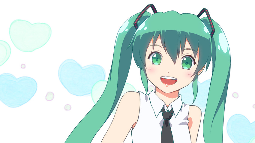 :d anime_coloring green_eyes green_hair hair_ornament hatsune_miku highres long_hair looking_at_viewer necktie nicca_(kid_nicca) open_mouth smile solo twintails vocaloid