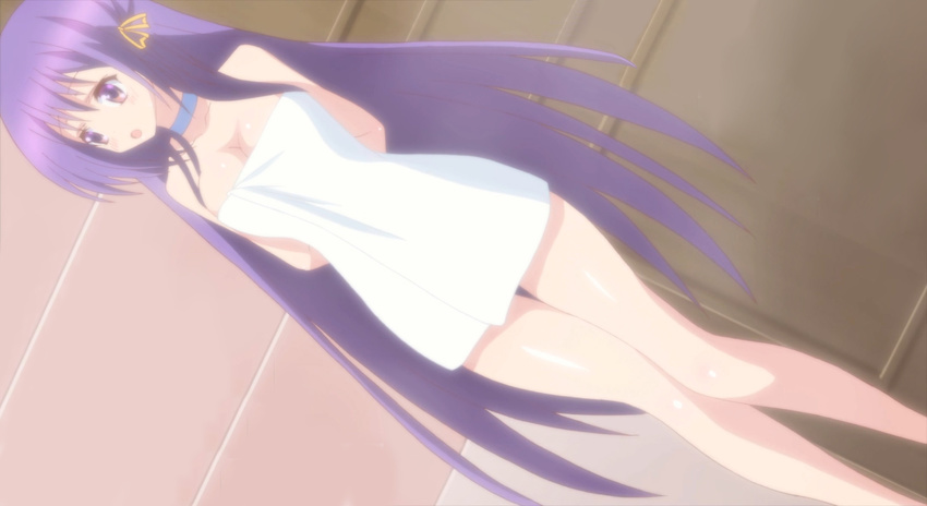 breasts choker cleavage fianna_ray_ordesia highres long_hair purple_eyes purple_hair screencap seirei_tsukai_no_blade_dance solo towel very_long_hair